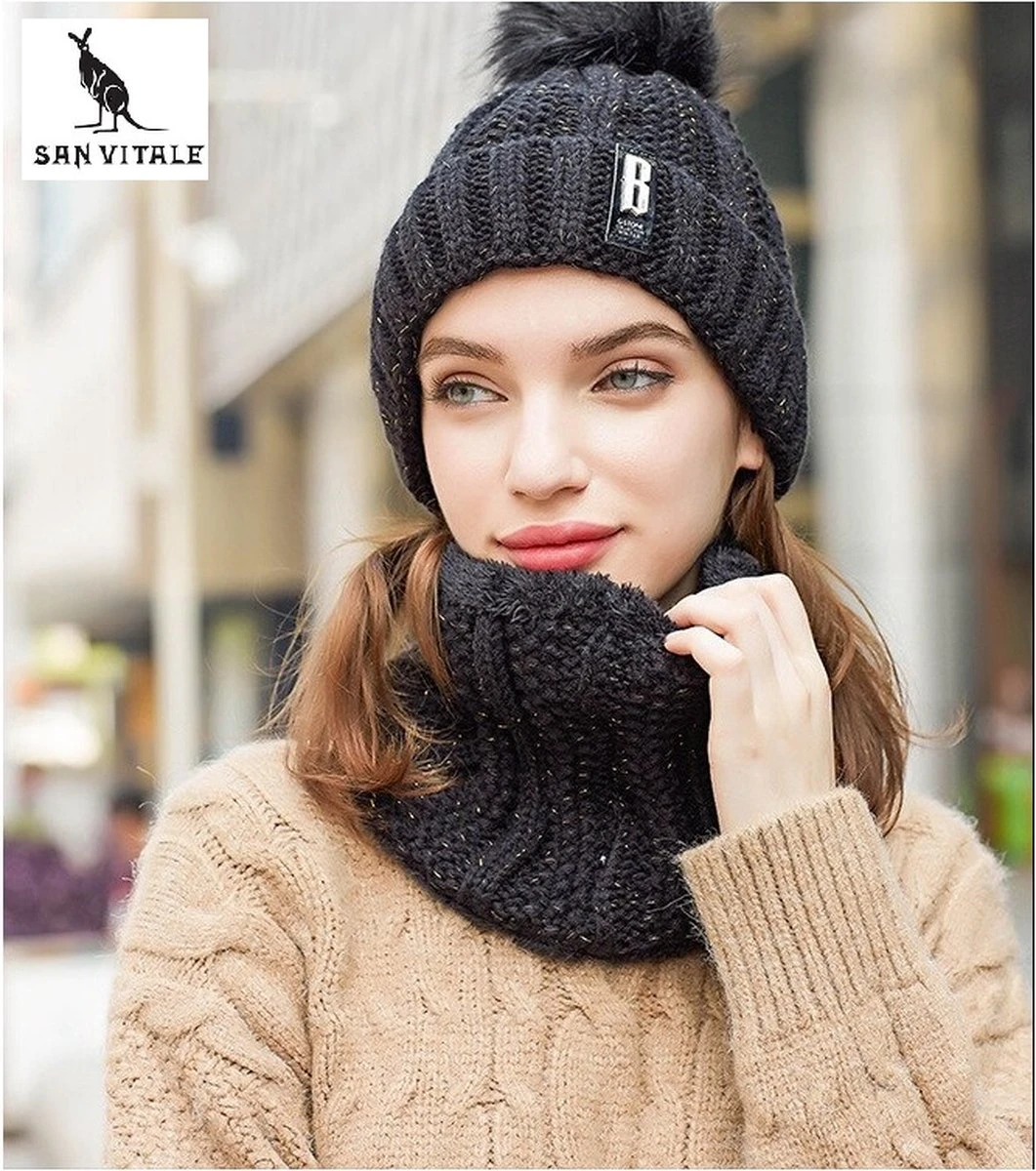 San Vitale® - Muts En Col-Sjaal - Beanie Muts - Gebreid - Warme Muts - Wintermuts - Gevoerd Wol - Zwart 9 San Vitale® - Muts En Col-Sjaal - Beanie Muts - Gebreid - Warme Muts - Wintermuts - Gevoerd Wol - Zwart - Afbeelding 7