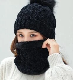 Set 2 Delig - Dames Muts Fleece Voering + Colsjaal - Zwart - Velvet