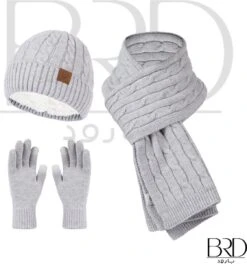 BRD Winter Set Voor Volwassenen Lichtgrijs - Gevoerde Muts, Sjaal En Handschoenen