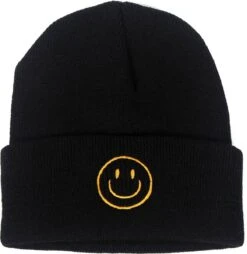 Pluto Muts - Beanie - Smiley Zwart - One Size - Unisex - Muts Dames En Heren - Zwarte Muts - Beanie Muts
