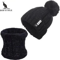San Vitale® - Muts En Col-Sjaal - Beanie Muts - Gebreid - Warme Muts - Wintermuts - Gevoerd Wol - Zwart