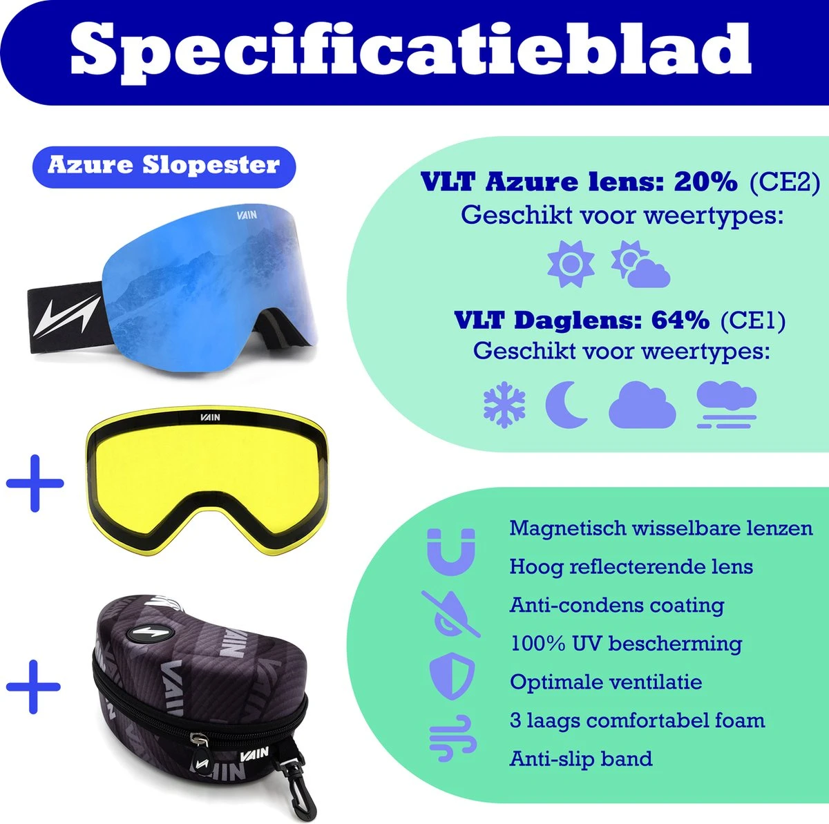 VAIN Azure Slopester Skibril Pack - Anti-condens - Blauwe + Extra Lens 8 VAIN Azure Slopester Skibril Pack - Anti-condens - Blauwe + Extra Lens - Afbeelding 6