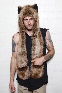 Merkloos KIMU Hood Bruine Wolf Muts Met Sjaal, Wanten En Oortjes - Faux Fur Bruin Bont Berenmuts Flappen Bontmuts Capuchonmuts Spirit -